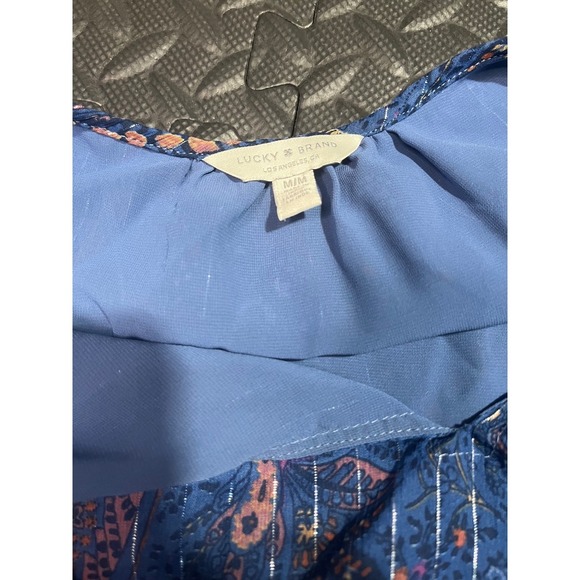 Lucky Brand‎ Paisley Print Top M Blue Orange Short Sleeve Tassel Blouse - Picture 3 of 6